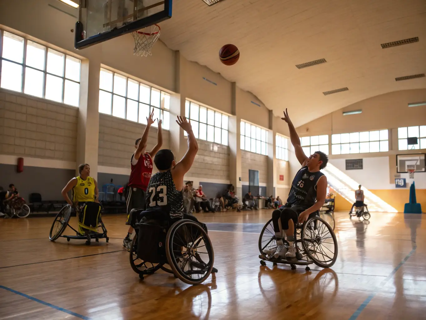 An inclusive image featuring athletes with disabilities participating in a seated volleyball game, emphasizing NNVA's commitment to accessibility and equal opportunities in sports.
