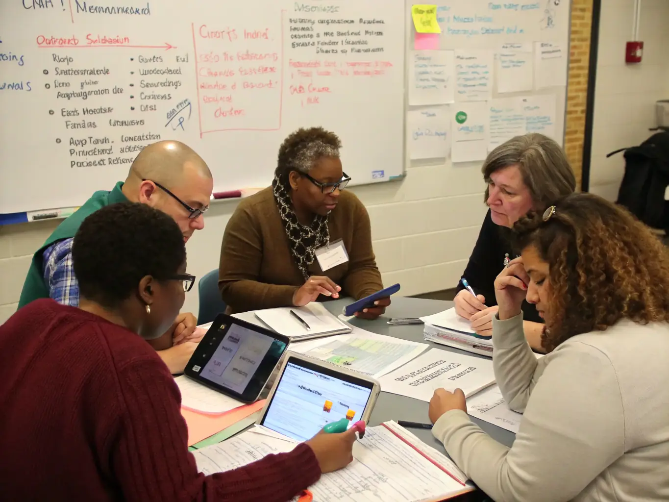 An image of teachers and administrators collaborating in a classroom setting, symbolizing support and teamwork within CSND OGEC NOTRE-DAME's educational programs.