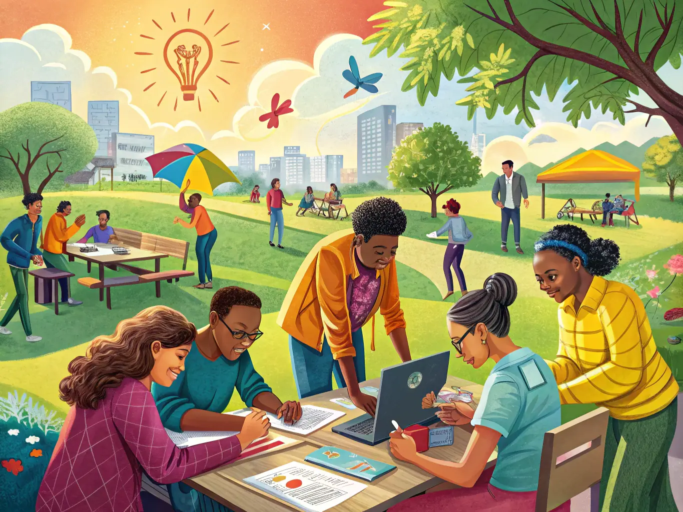 A vibrant image of community members and school staff collaborating on a project, highlighting CSND OGEC NOTRE-DAME's commitment to community engagement.
