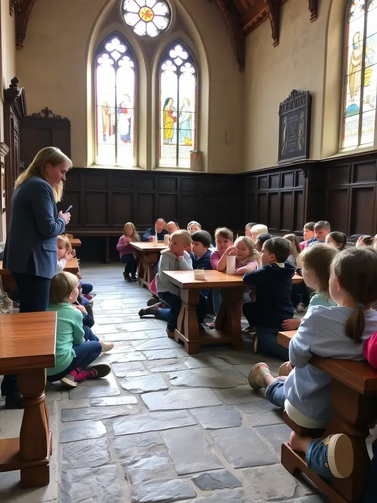 A photo of children participating in an educational workshop at the Chapelle de Cressieu, learning about its history and architectural importance.