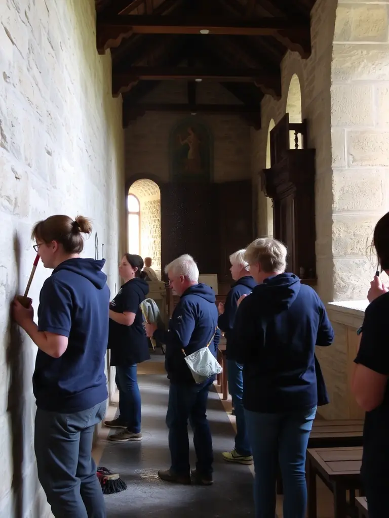 A photograph capturing volunteers meticulously cleaning and restoring a section of the Chapelle de Cressieu's interior, showcasing their dedication to preserving its historical features.