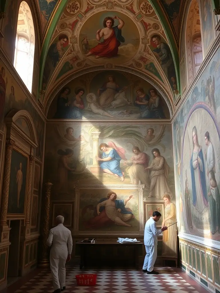 An image depicting the interior of Chapelle de Cressieu, highlighting the restored frescoes and artwork, with conservators working to protect the delicate surfaces.