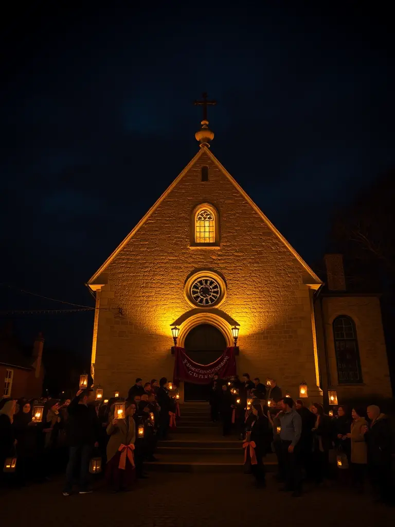 A picture of the Chapelle de Cressieu illuminated at night during a fundraising event, highlighting the community's support for its preservation.