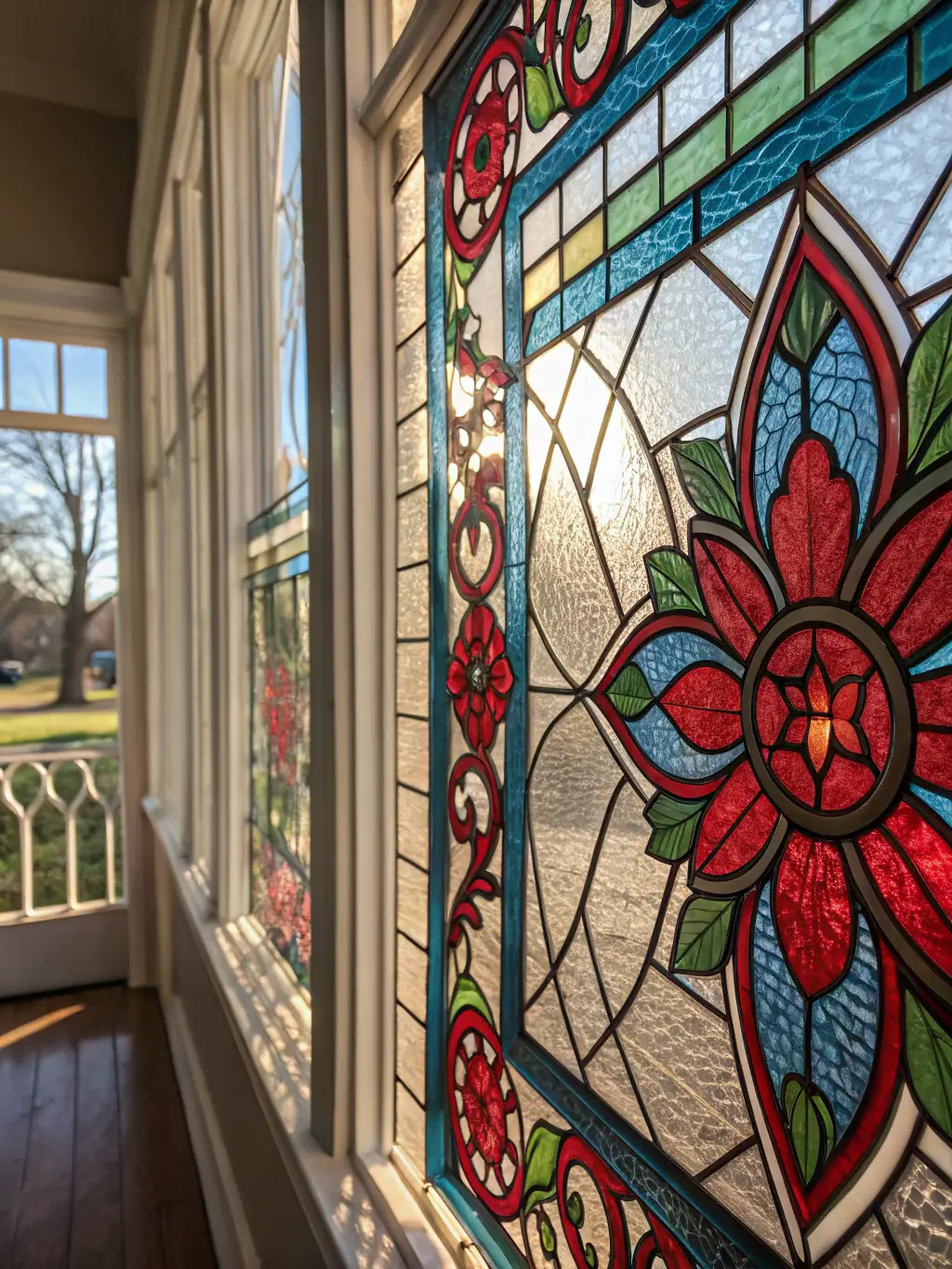 A photograph capturing the meticulous restoration of a stained glass window at Chapelle de Cressieu, showcasing the vibrant colors and intricate details being preserved by skilled artisans.